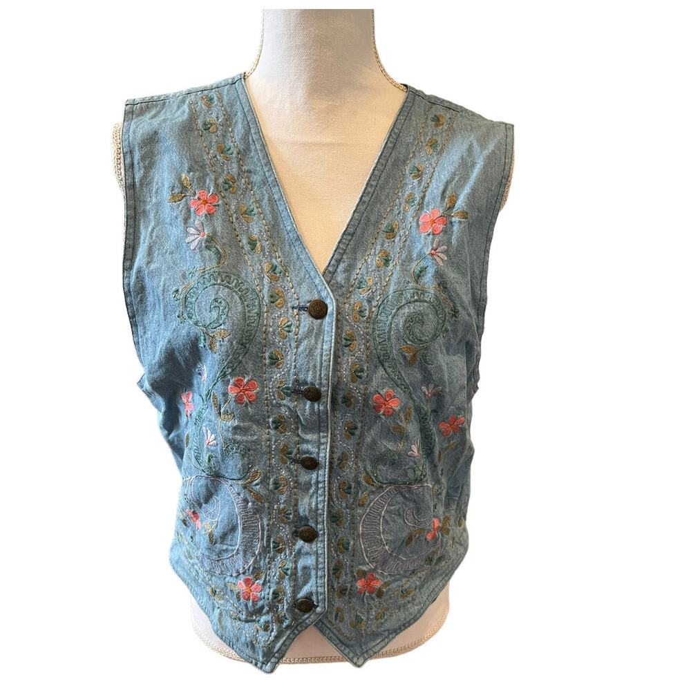 Vintage Liz Claiborne Embroidered Chambray Denim Vest L